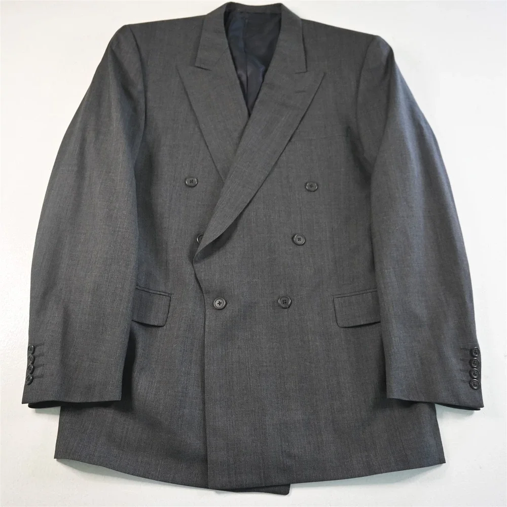 Vtg USA Double Breasted 42L Gray Sharkskin Wool Blazer Suit Jacket Sport Coat